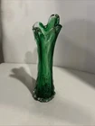 Vintage Green Swung Fluted Stretched Glass Vase Murano 8 1/2” Mcm Boho 1960S