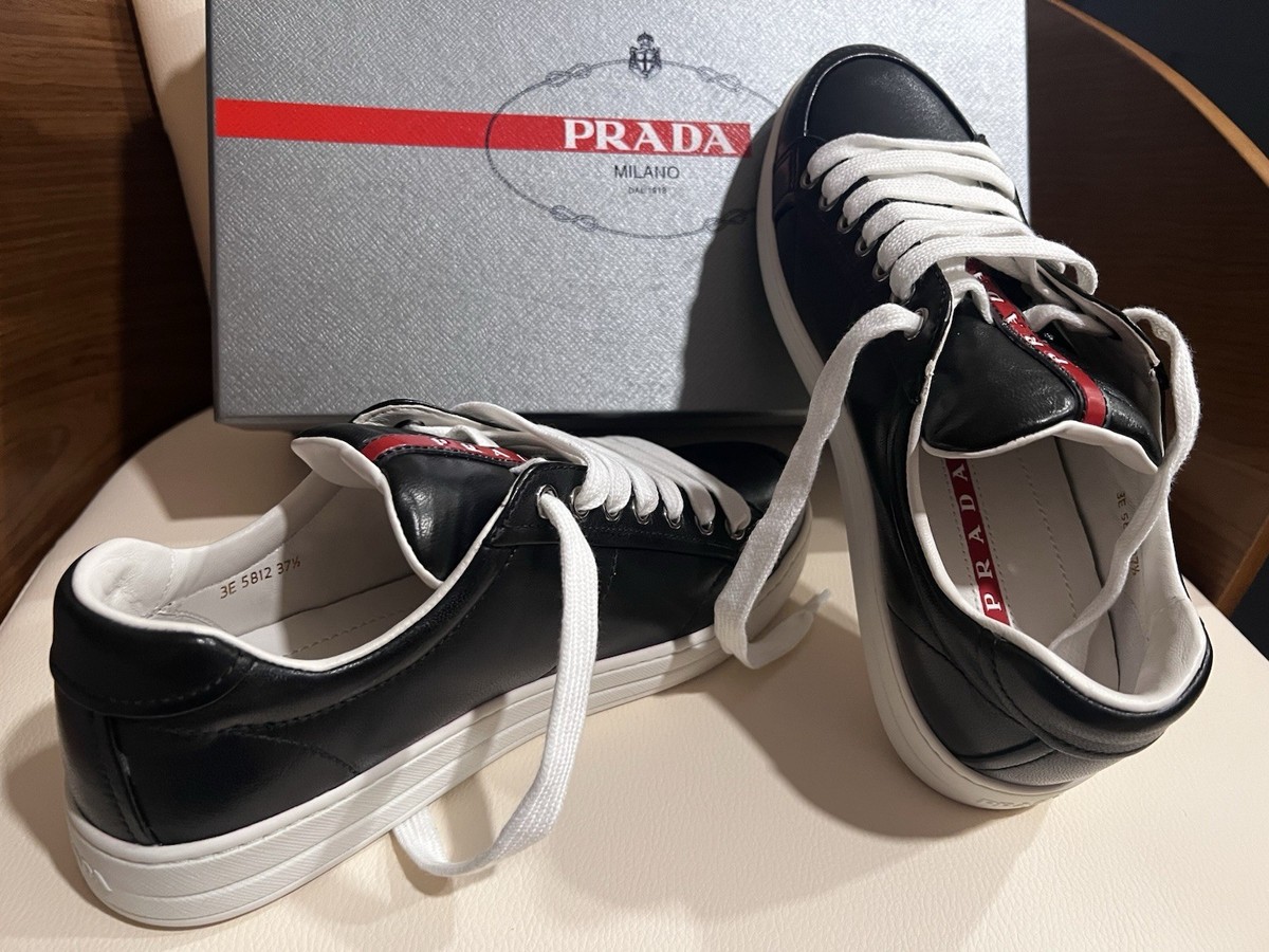 PRADA Women's Leather Sneakers Black White EU 37.5 Vietnam Extra