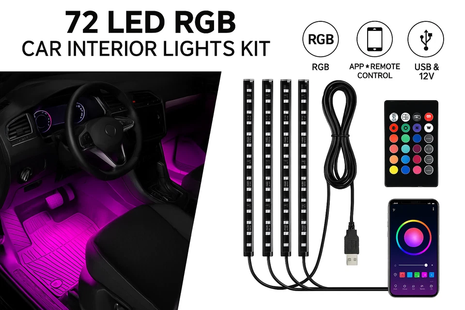 72 LED RGB Car Interior Lights Kit USB/12V Footwell Strip Remote & App - Image 3 of 4