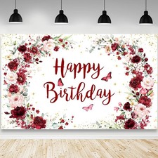 Happy Birthday Backdrop for Women Flower Photography Background Red Floral