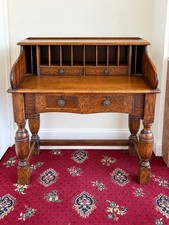 Antique Style Oak Writing Desk Bureau Pigeon Holes 4 Drawers Turned Legs