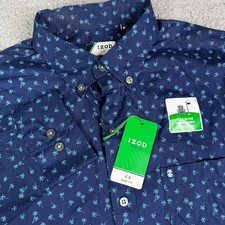 IZOD Golf Shirt Mens Medium Blue Palm Tree Print Swingflex Button Down NWT