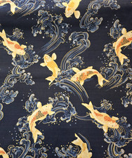 Ivory Koi in Water Waves on Dark Navy Blue Cotton Dobby Shirting - Gold Metallic