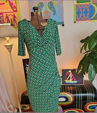 NWOT 2015 Lauren Ralph Lauren Green Navy White Bodycon Midi Dress 3/4 Sleeve 6