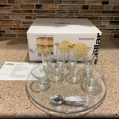 18-PIECE MINI DESSERT SET Glass Tray, Dishes, Spoons By The Cellar NEW