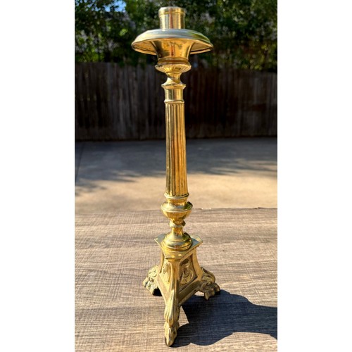 Antique Church Altar Brass Mary Joseph Jesus 12" Fluted Stem Tripod Candlestick - Picture 3 of 10