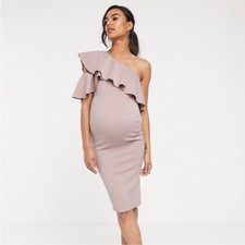 NWT ASOS Maternity Pink One Shoulder Double Ruffle MIDI Dress Size 12