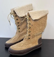 Bamboo Duckie Sz 10 Brown Suede Lace Up Boots Faux Fur  Brown Mid Calf Shearling