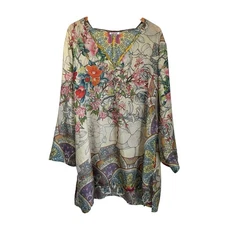 Johnny Was Womens Silk Floral Long Sleeve Tunic Top Sz 1X Multicolor V Neck