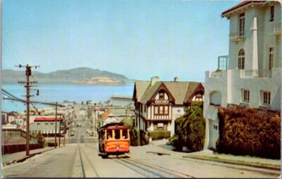 Cable Car in San Francisco California Alcatraz Back Vintage Chrome Postcard A91