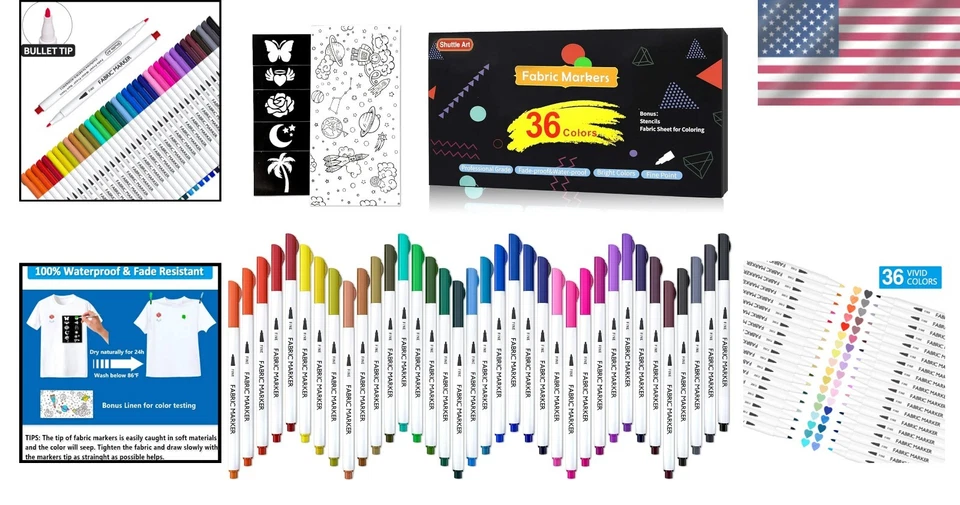 Marcadores permanentes de tela de 36 colores para proyectos creativos - ¡Plantillas incluidas! Foto 2 de 4