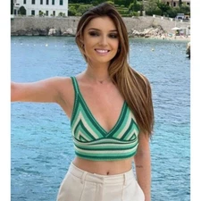 Zara Crochet Top Women Sz L Green Knit Strappy Cropped Beach Summer Vacation