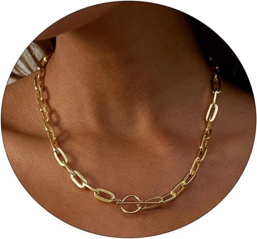 Dainty Chunky Paperclip Toggle Necklace for Women - 18K Gold Filled - Hypoallerg - Picture 1 of 7