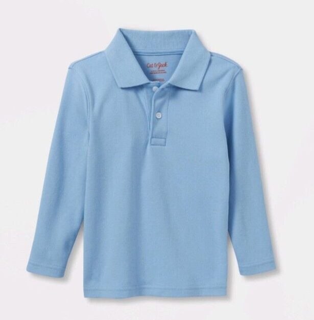 Toddler Boys Long Sleeve Interlock Uniform Light Blue Polo Shirt Cat Jack  4T