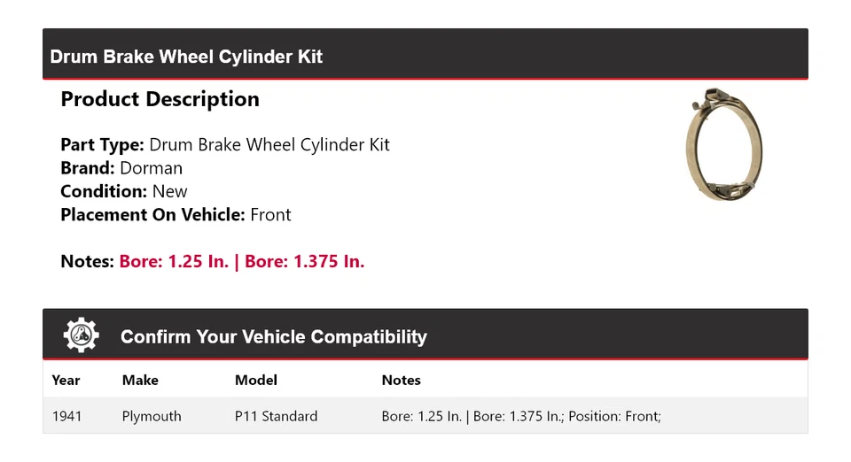 Kit de cilindro de rueda de freno de tambor Dorman estándar para Plymouth P11 1941 delantero Foto 2 de 4
