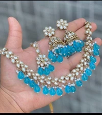 Sky Blue Designer   Kundan Chokker With Beautiful  Jumki And Tika Jewelry Set