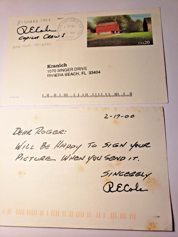 Richard E. Cole Signed 2... 3x5 Index Card Autographed WWII Doolittle  Air Force