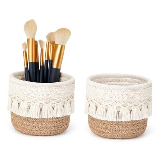 Macrame Makeup Brush Holder Organizer Comb Brushes Mini Storage Basket Brown