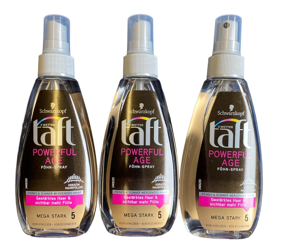 3 x Schwarzkopf 3 Wetter Taft Powerful Age Föhn-Spray Mega Stark 5 (3x150ml)