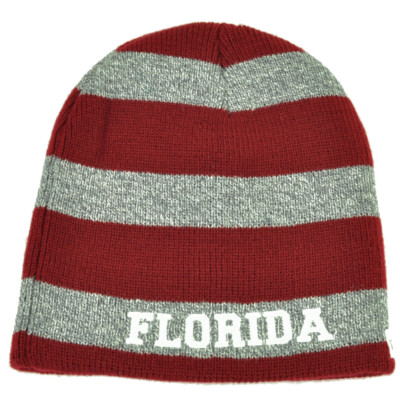 Florida Sunshine State Burgundy Gray Striped Knit Beanie Cuffless Hat Beaches 
