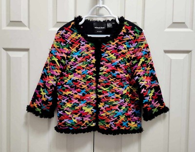 Women's Michael Simon Colorful Tulle Ribbon 3/4 Sleeve Cotton Cardigan Sweater L