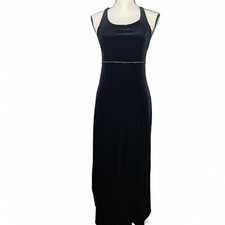 Vintage Y2K Black Velvet Maxi Dress Gown Crystal Beaded Waist Open Back Size 8