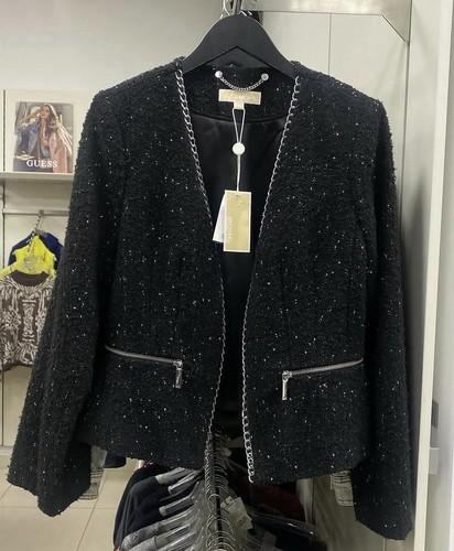 $225 Michael Kors Black Knit Jacket W/ Silver Chain Link, Size S NWT!