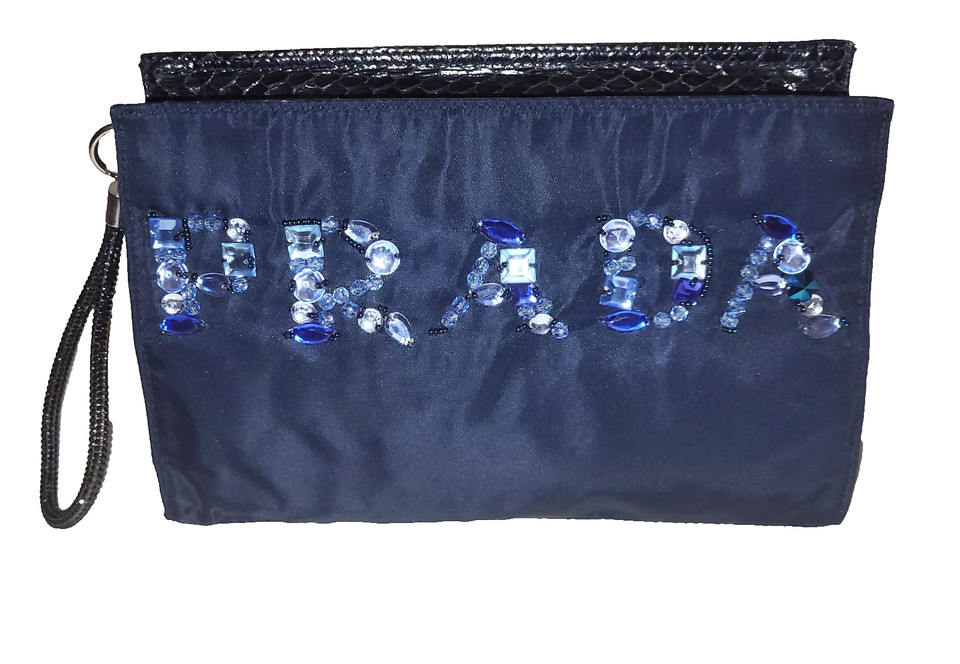 PRADA ~ Navy Rhinestone logo & snakeskin clutch bag ~ AUTHENTIC