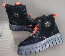 Italy Trend Smilie Smile Print Plateau Boots NEU 41 Schwarz Orange Schrift