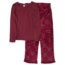 Womens Burgundy  Red Snow Flake Fleece Print Fleece Pajamas Sleep Set