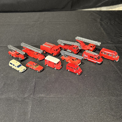 Vintage Set Of 12 Plastic German Fire Emergency Trucks