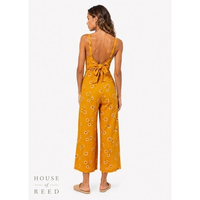 Faithfull the Brand Yellow Floral Tie Back Wide Leg Jumpsuit US 6 AU 10 Rayon
