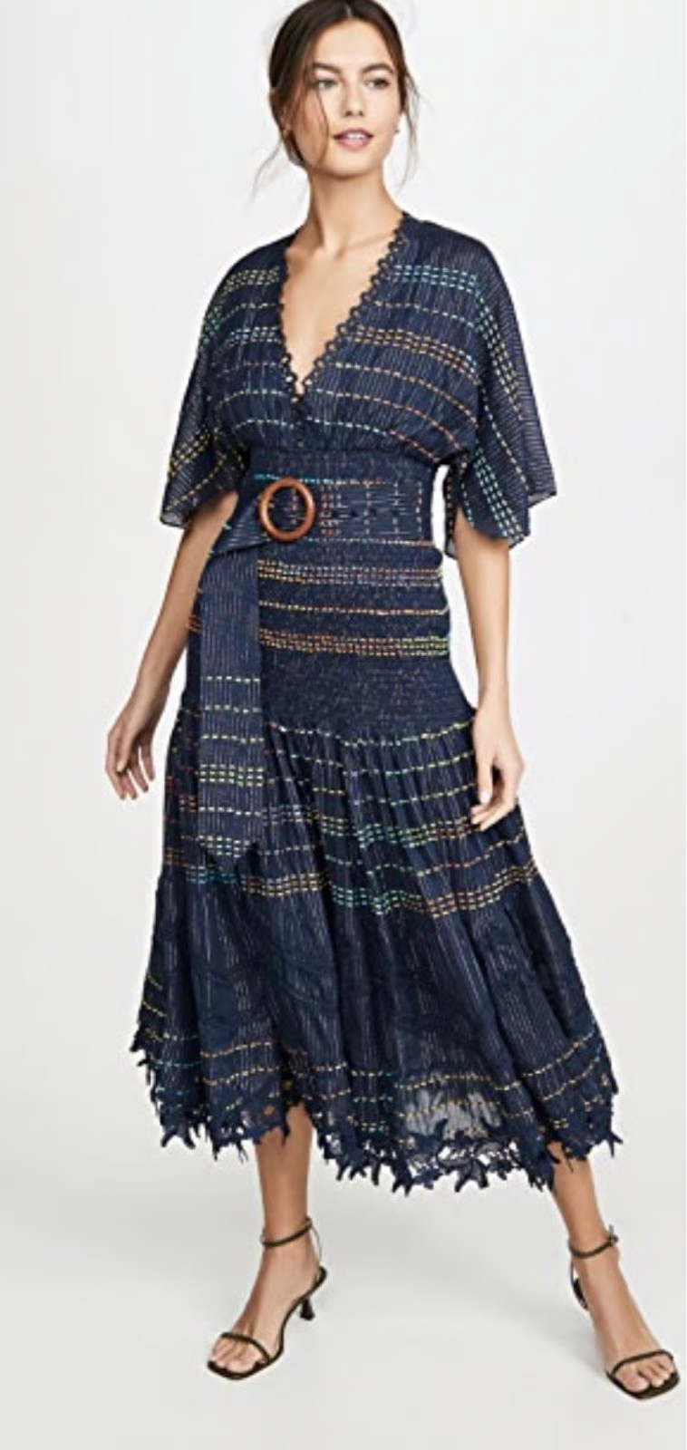 Hemant & Nandita Thea Midi Dress S Navy Belted Maxi Embroidered Cotton Boho NWT