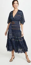 Hemant & Nandita Thea Midi Dress S Navy Belted Maxi Embroidered Cotton Boho NWT