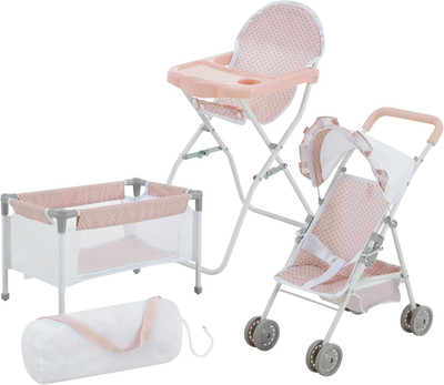 Polka Dot Princess Baby Doll 3Pc Nursery Set - Crib, High Chair & Stroller, Pink