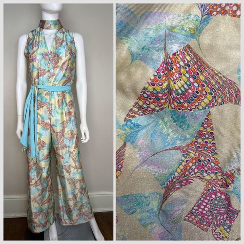 Vtg 1970s Psychedelic Print Bell-Bottom Jumpsuit 70s Mel Warshaw Miss Jane Miami