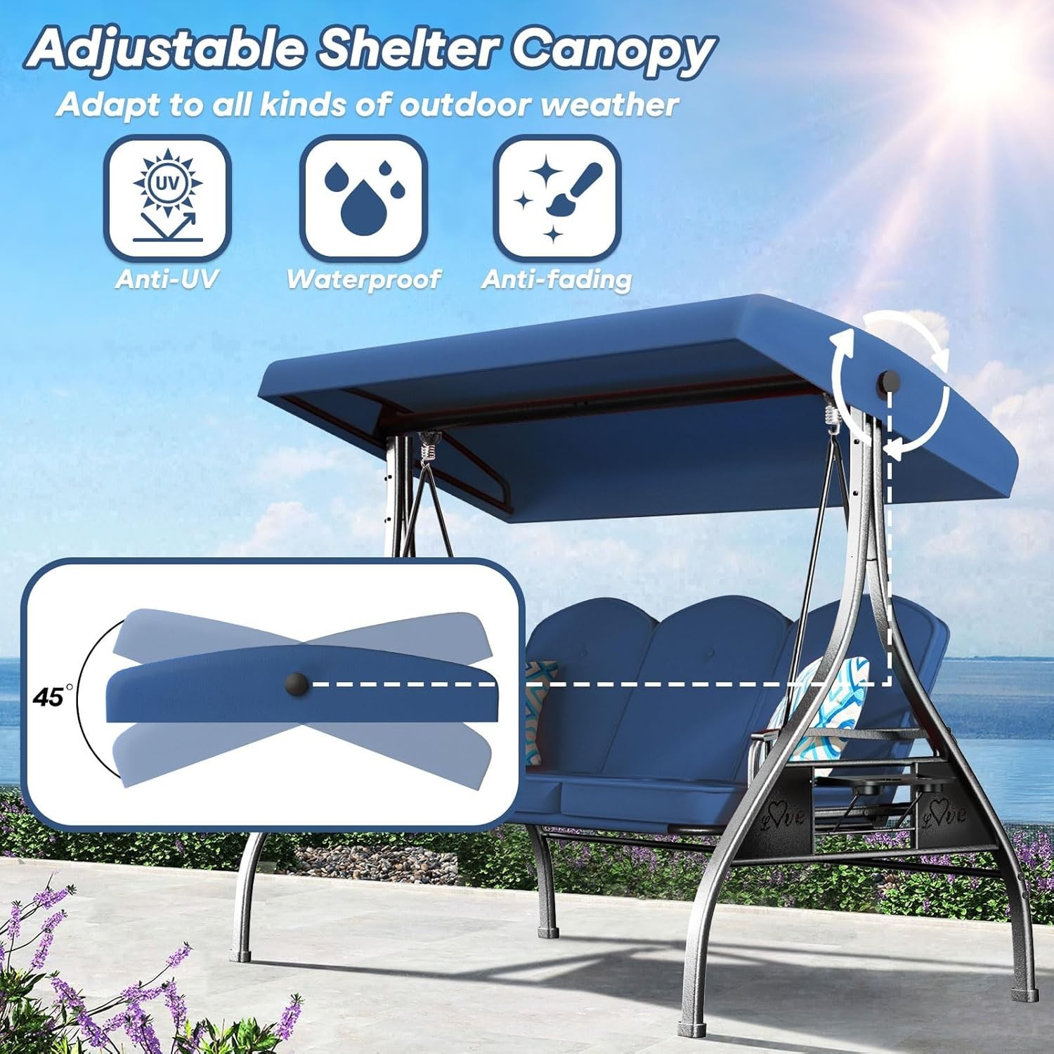 3 Seat Outdoor Patio Swing with Canopy Cup Holder Removable Cushion for Yard