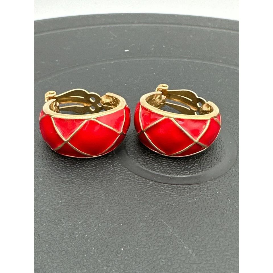 Red Enamel Hoop Earrings Gold Tone Clip On Statement Jewelry - Image 2 of 4