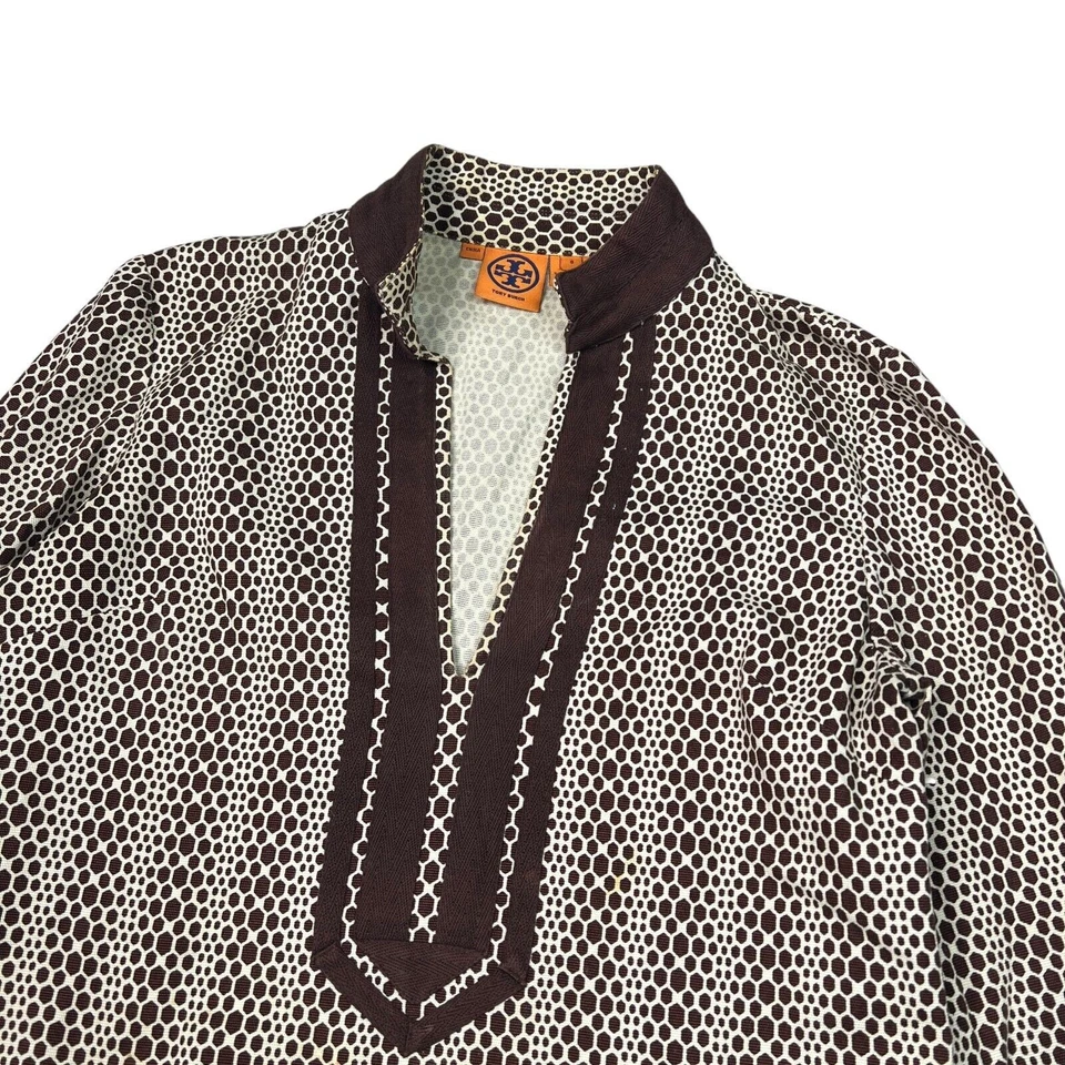 Tory Burch V-Neck Printed Tory Tunic Top Long Sleeve Brown Tan Womens 8 - Image 3 of 4