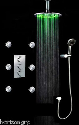 Luxury Shower Set 10'' LED Round Shower Head Thermostatic 6 Massage Spray Body