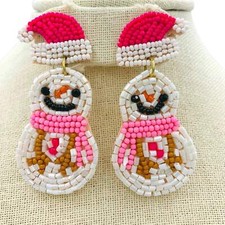Snowman Wearing Pink Scarf Hat Seed Bead Earrings 1.25x2.5in