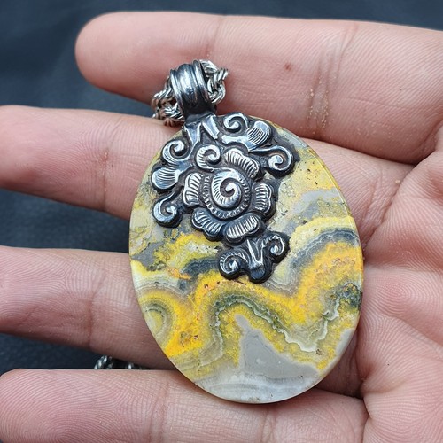 925 Silver Sterling Fish Design Silver BumbleBee Jasper Pendant Stainless Steel - Picture 4 of 16