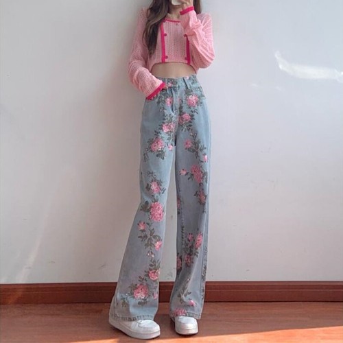 Damen Blumen Print Jeans Flared Denim Hose Weites Bein Locker Hohe Taille - Bild 5 von 15