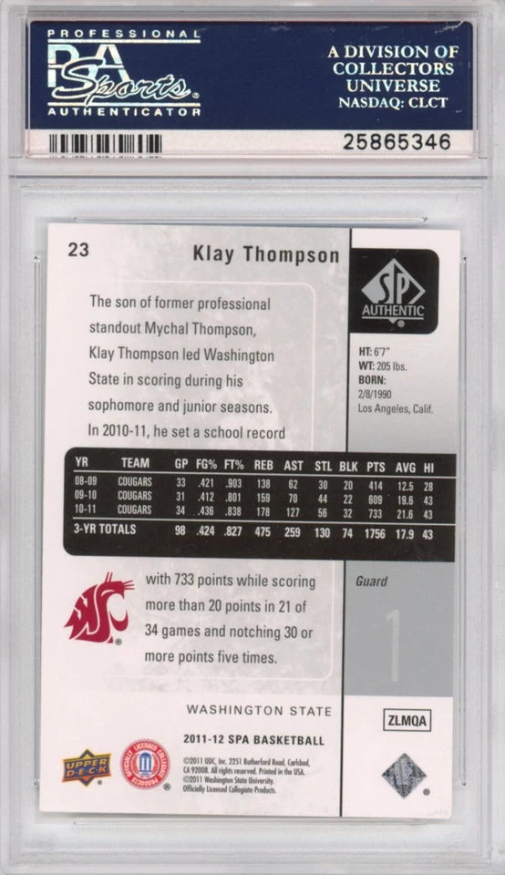 Tarjeta de baloncesto graduada 2011 Upper Deck SP auténtica Klay Thompson #23 RC PSA 10 Foto 2 de 2