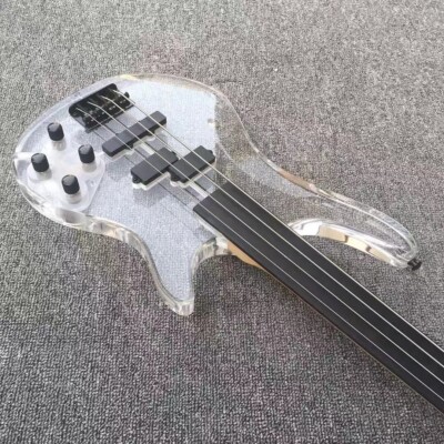 4 Four String Fretless Acrylic  Electric Bass Guitar  Blue Light Rosewood Finger