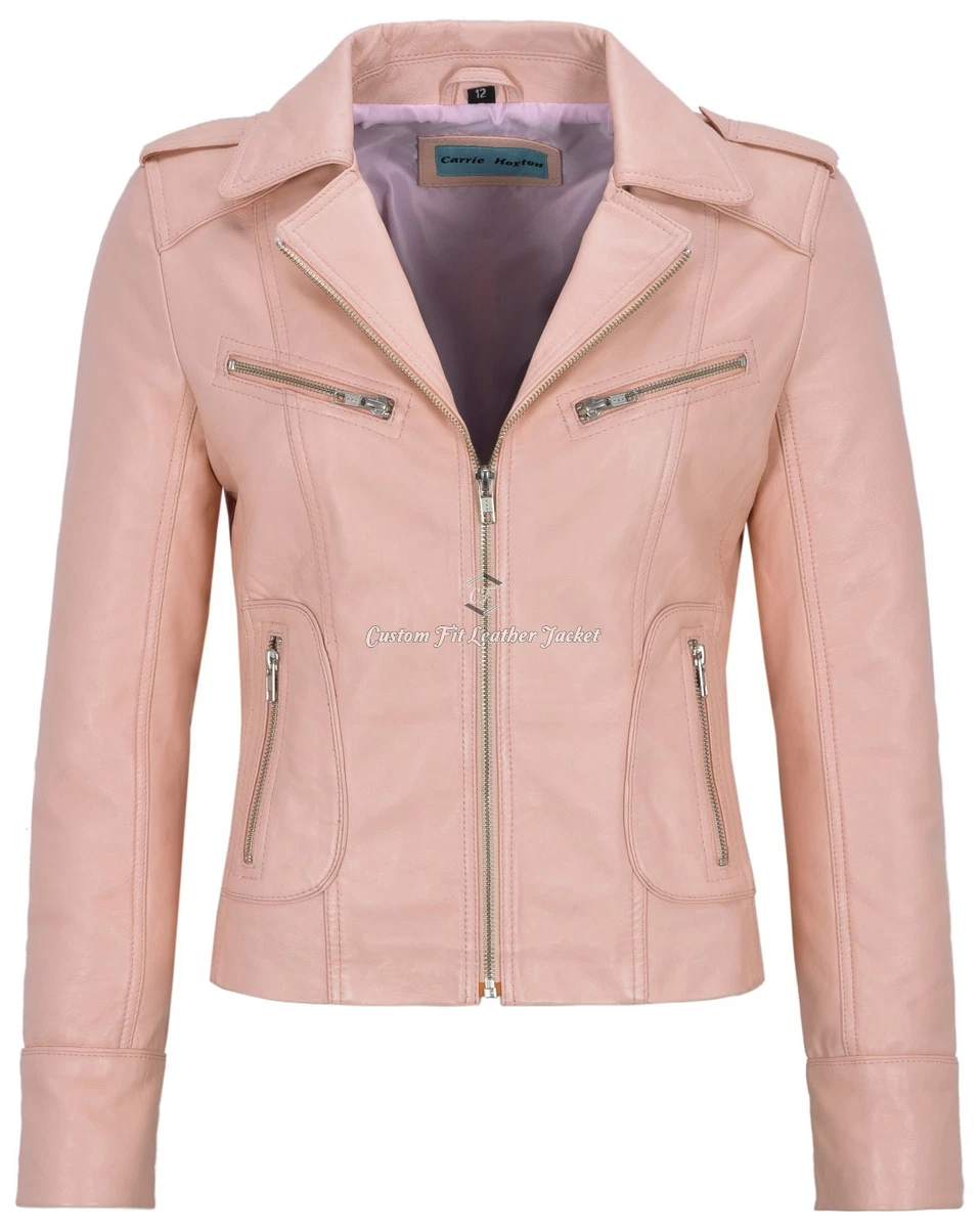 Ladies s Leather Jacket Baby Pink Napa Biker Motorcycle Short Style 9823