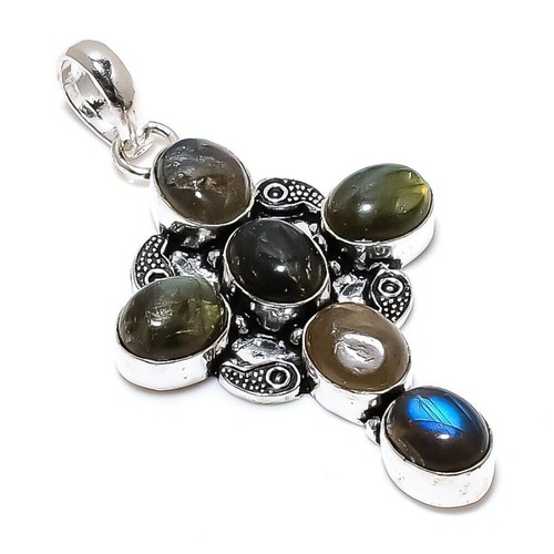 Pendentif Argent 925 Fait Main - Pierre Labradorite Bleu Feu - Bijou Artisanal Inde