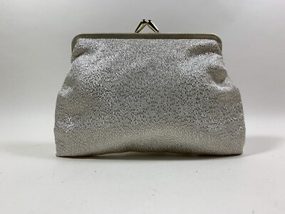 Vintage 60er Jahre Silber Lamé Abend Kosmetiktasche Kissverschluss weiß Kunststofffutter