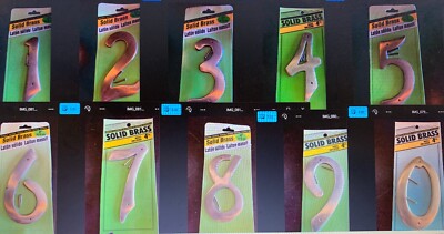 4'' SOLID BRASS HOUSE NUMBER lacquer finish - w/nails - Hy-Ko 0 1 2 3 4 5 6 7 8 9