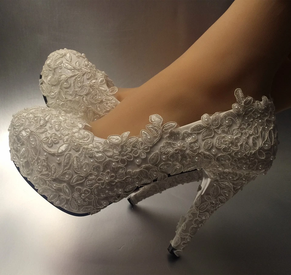 Su.cheny 3"" 4” Tacón Claro Marfil Blanco Perla Encaje Boda Novia Zapatos de Bomba Alta Foto 4 de 4